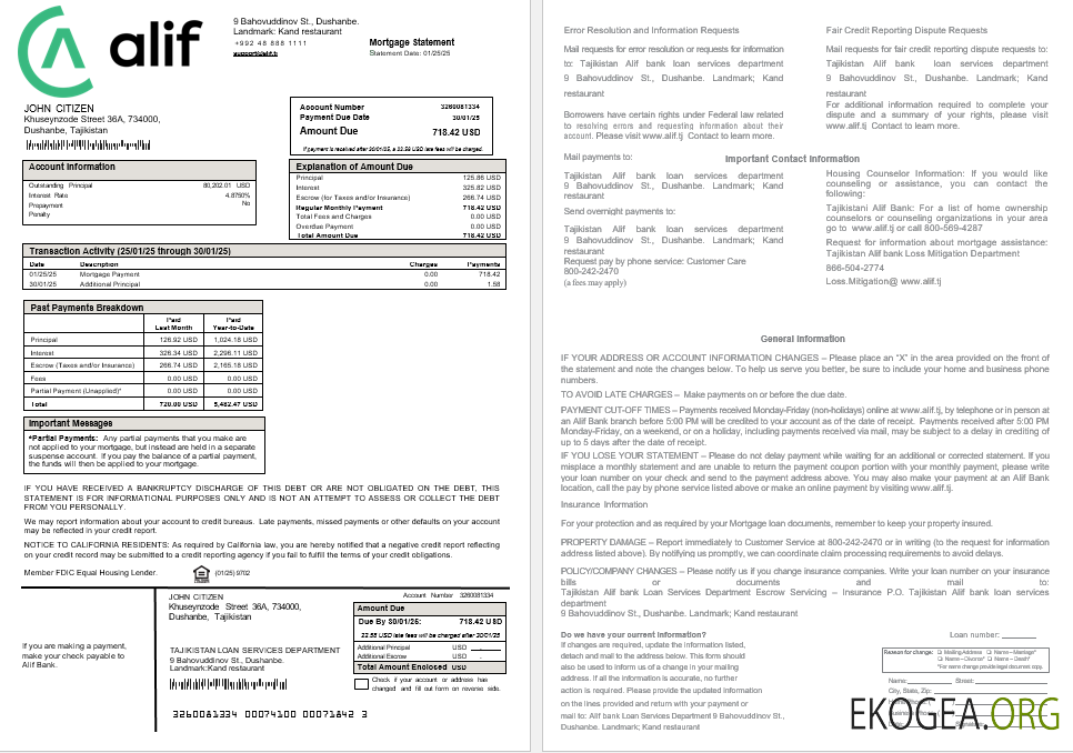 Relevé hypothécaire de la Tadjikistan Alif Bank aux formats Word et PDF